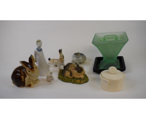 A Lladro figure, in the form of a girl with flowers and a dog, 20 cm high, five other Lladro figures, a Herend rabbit, and ot