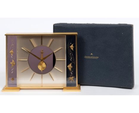 A Jaeger Le-Coultre Model 406 eight day aquarium type table clock, 5415, 27 cm wide, boxed with certificate  See illustration