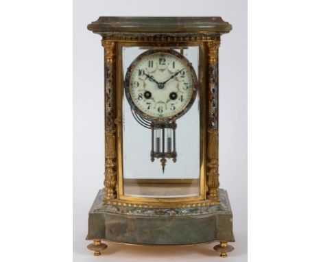 A French mantel clock, the enamel dial with Arabic numerals and decorated flowers, fitted a Japy Freres movement striking on 