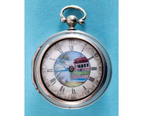 A 19th century silver pair case pocket watch, the enamel dial decorated a landscape within a chapter ring, having Roman and A