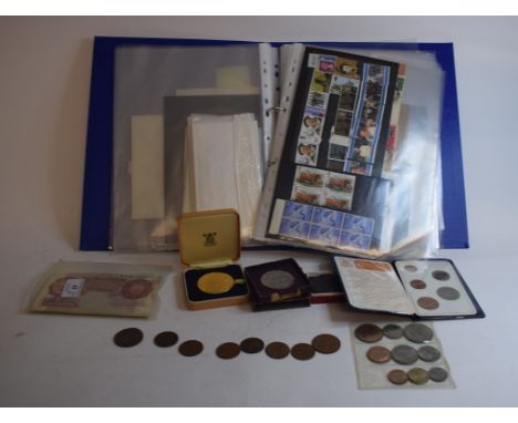 Assorted first day covers, other stamps, ephemera, various coins and a small group of banknotes (box) 