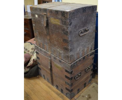 A 19th century metal bound oak travelling trunk, with a plaque, Charles Williams Esqr, 81 cm wide, and another similar (2)