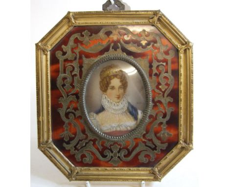 An oval bust portrait miniature, of a lady wearing a ruff, watercolour, indistinctly signed, 7.5 x 6 cm, in a Boulle style fr