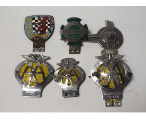 A British Automobile Racing Club enamel car badge, impressed Serial No L2374, a British Field Sports Society car badge, and f