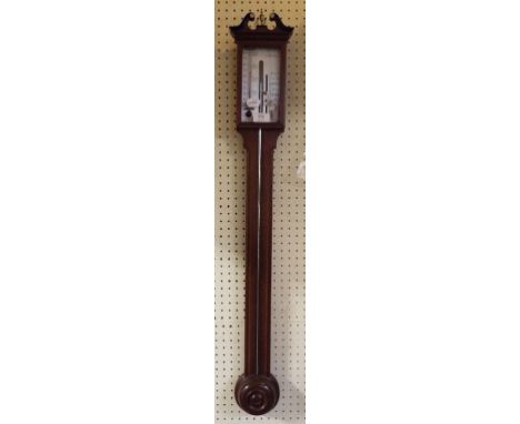 A George III style stick barometer and thermometer, in an inlaid mahogany case, the dial signed P Collins Merton, 98 cm high