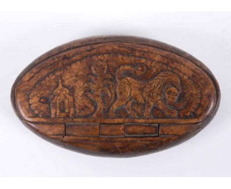 An 18th century burr wood snuff box and hinged cover, the cover carved a lion, a building and a tree, 11 cm wide  See illustr