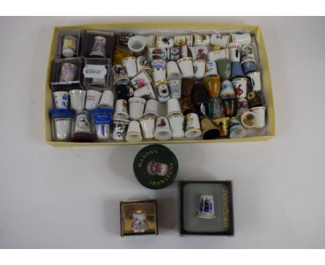 Assorted Wedgwood, Spode and other thimbles, a Robert Morden map, Barkshire (sic), and a printers tray (qty)