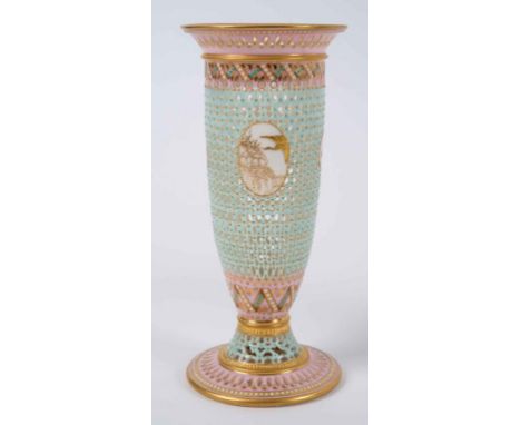 A Victorian Worcester reticulated vase, in the manner of George Owen, with Aesthetic Movement style decoration, green printed