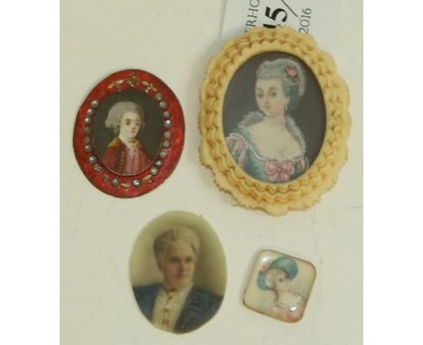 An oval bust portrait miniature, in an ivory frame, 3.5 x 3 cm, and three other miniatures (4)