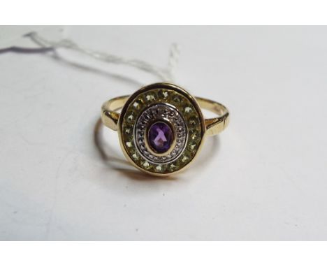 A 9ct gold, amethyst, diamond and peridot ring