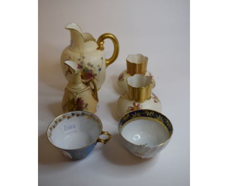 A Royal Worcester plush ivory jug, painted flowers and with gilt decoration, 1094, 15.5 cm high, a pair of similar vases, 991