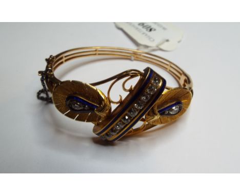 A Victorian 15ct gold, diamond and enamel bangle  