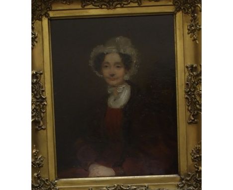 English school, 19th century, a seated portrait, probably of Lady Buller, sitting in a chair, oil on panel, 30 x 22.5 cm