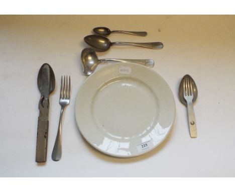 A German World War II Luftwaffe aluminium ladle, a similar Torpedoversuchsanstalt fork and spoon, other German cutlery, and a