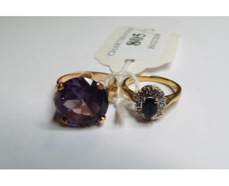 An 18ct gold, sapphire and diamond cluster ring, approx. ring size I½, and an amethyst ring, approx. ring size J½ (2)