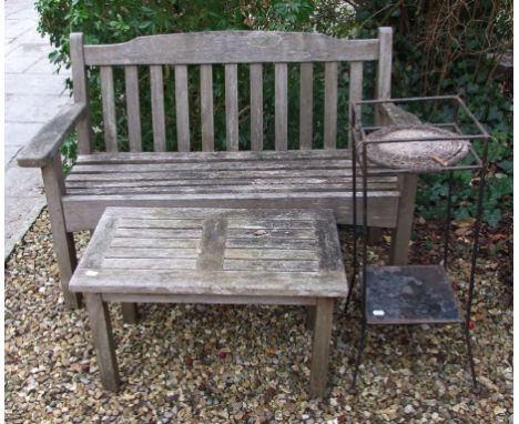 A garden bench, 131cm wide, a matching table and a plant stand (3)