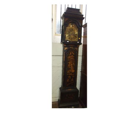 A longcase clock, the 30 cm arched square brass dial having Roman numerals, the matt centre with subsidiary seconds dial and 