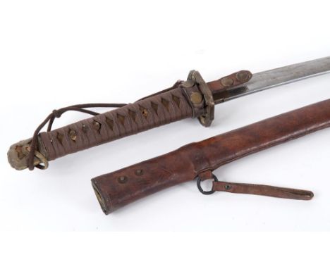 A Japanese katana, with a cord bound grip and a leather mounted scabbard  See illustration