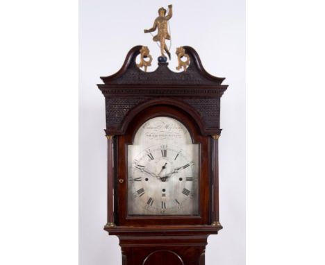 A musical longcase clock, the 30 cm arched square silvered dial signed Edward Hopkins, Bradford, Wilts, fitted an eight day m