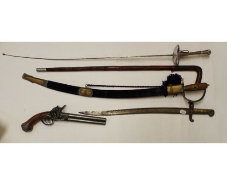 A late 19th century bayonet, a foil, a swordstick, other swords and reproduction flintlock pistols (qty)