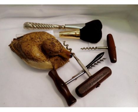 Wooden duck, corkscrews and brushes. UK P&amp;P Group 2 (£20+VAT for the first lot and £4+VAT for subsequent lots) 