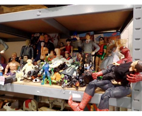 Shelf of mixed action figures and Lego sets. Not available for in-house P&amp;P 