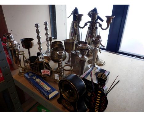 Shelf of mixed metalware. Not available for in-house P&amp;P 
