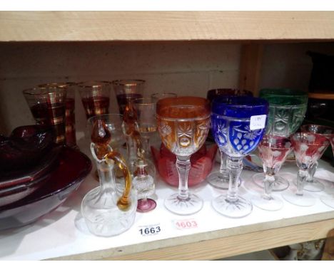 Shelf of mixed coloured glass. Not available for in-house P&amp;P 