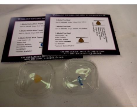 Two loose gemstones: fire opal and blue topaz, with certificates. UK P&amp;P Group 0 (£6+VAT for the first lot and £1+VAT for