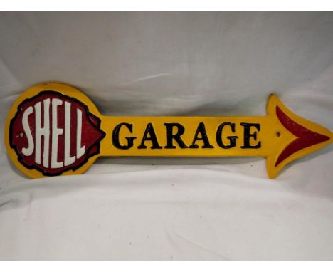 Cast iron Shell garage arrow sign, L: 40 cm. Not available for in-house P&amp;P 