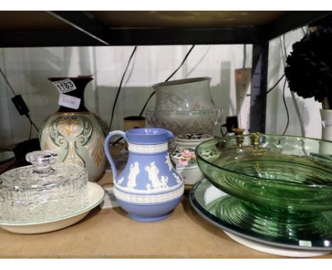 Shelf of mixed ceramics to include Wedgwood. Not available for in-house P&amp;P 