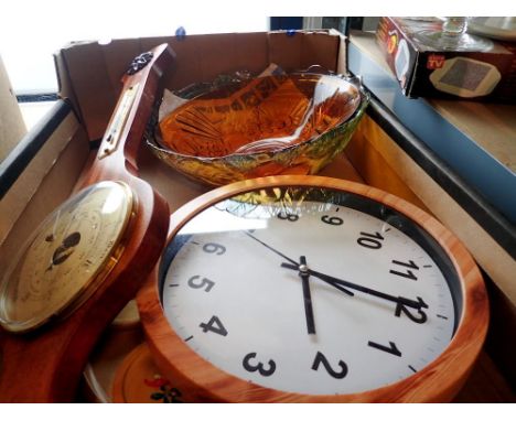 Box of collectables including fruit bowls, a clock and a barometer. Not available for in-house P&amp;P 