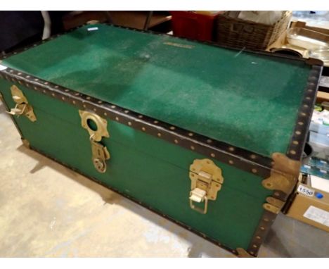 Vintage trunk with leather binding, 92 x 35cm H. Not available for in-house P&amp;P 