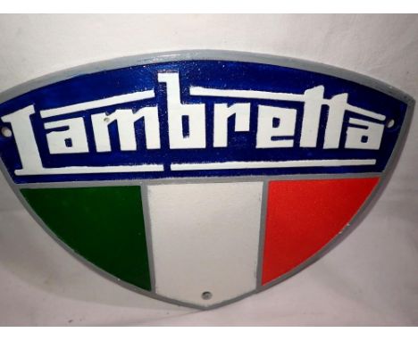 Cast iron Lambretta wall plaque sign, W: 28 cm. UK P&amp;P Group 2 (£20+VAT for the first lot and £4+VAT for subsequent lots)