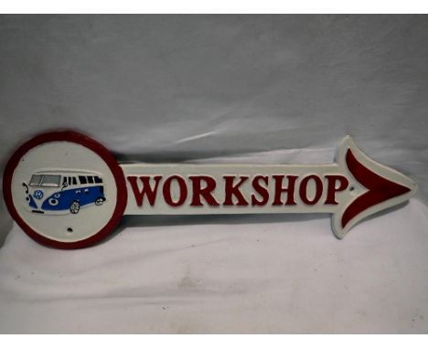 Cast iron VW workshop arrow sign, L: 41 cm. UK P&amp;P Group 2 (£20+VAT for the first lot and £4+VAT for subsequent lots) 