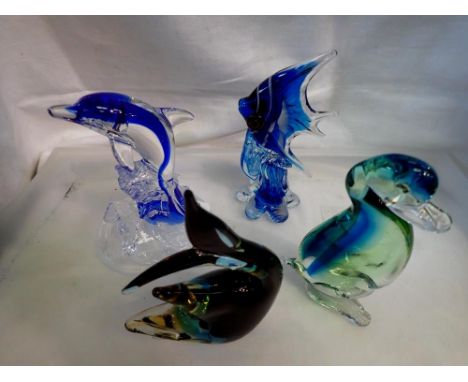Three glass fish and a duck, H: 16 cm, chip to one fish base, angel fish fin chipped. UK P&amp;P Group 2 (£20+VAT for the fir