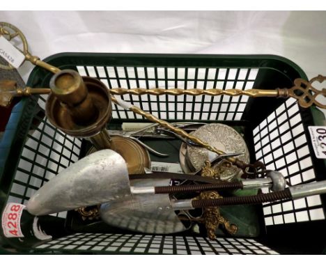 Mixed metal ware, including an easel frame and a candlestick. Not available for in-house P&amp;P 