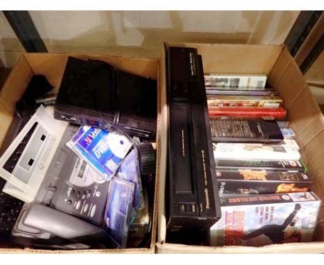 Two boxes of mixed electrical items to include video recorder and videos. Not available for in-house P&amp;P 