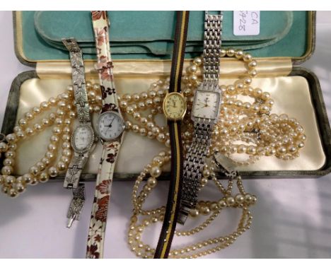 Three sets of pearls with a collection of ladies wristwatches. UK P&amp;P Group 1 (£16+VAT for the first lot and £2+VAT for s