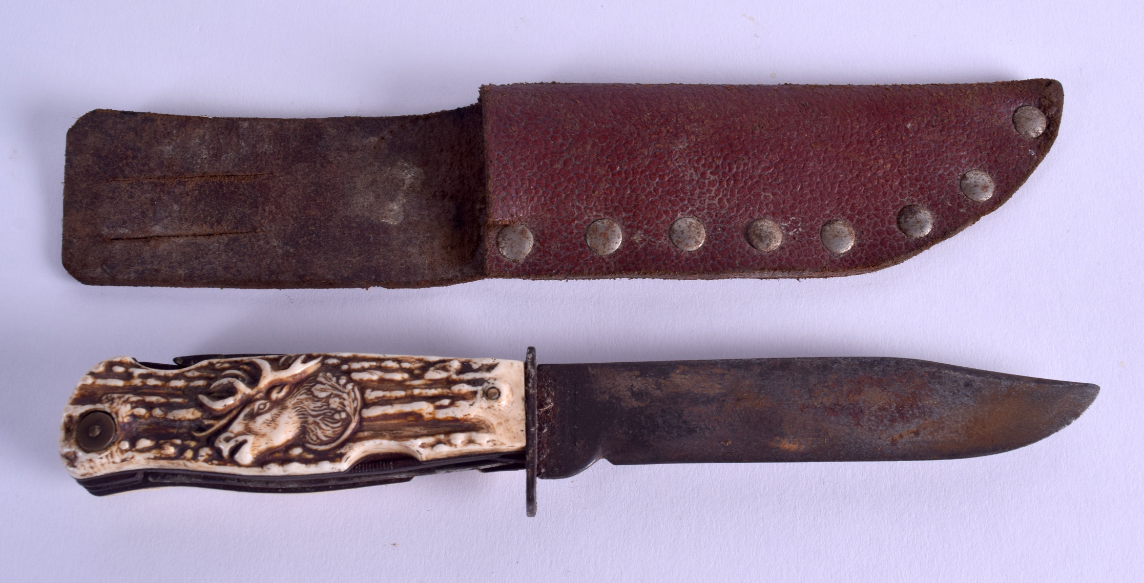 AN UNUSUAL EARLY 20TH CENTURY GERMAN SOLINGEN CARVED ANTLER DAGGER with combination handle. 22 cm