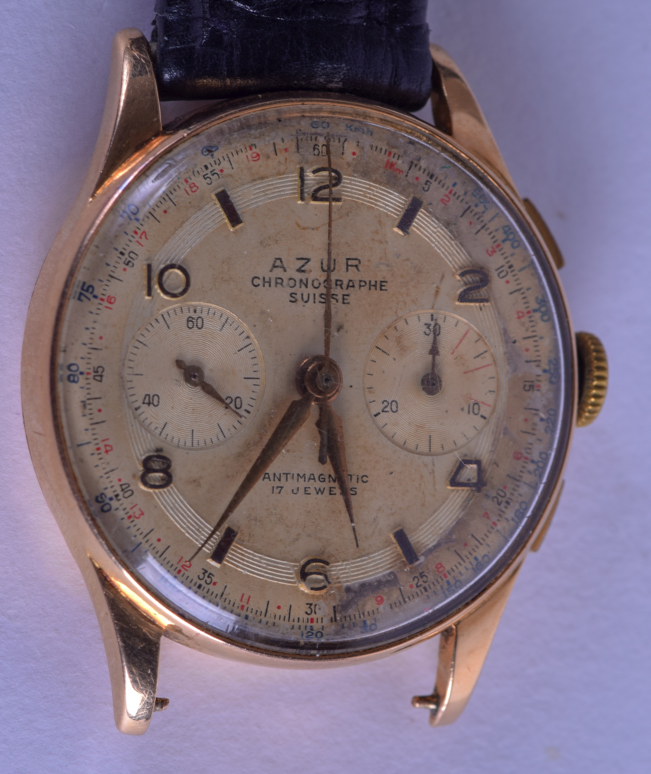 A VINTAGE 18CT GOLD AZUR CHRONOMETER WRISTWATCH with gilt dial. 36.3