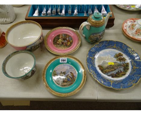 Three circular Prattware plates, a Prattware scenes bowl and teapot and a small transfer bowl