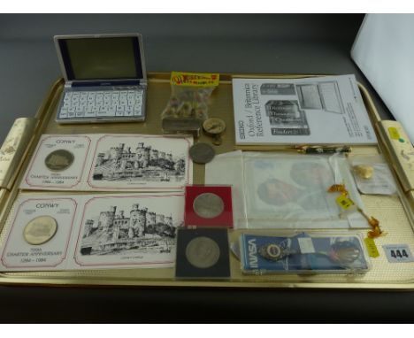 Small parcel of commemorative coinage, a white metal snuff box, a pocket compass etc
