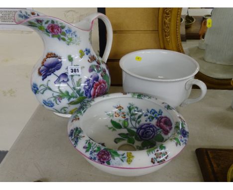 Copeland Spode squat globular toilet jug with matching toilet bucket top and a plain white chamber pot