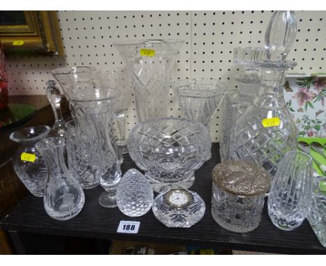 Parcel of quality glassware including decanters with stoppers, Waterford mantel clock etc