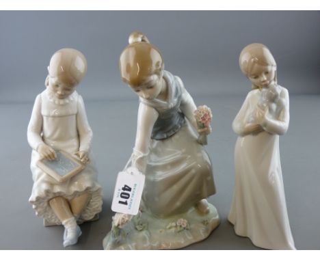 Lladro figurine of young girl with bunch of flowers and two Nao figurines - seated child with blackboard and standing child w