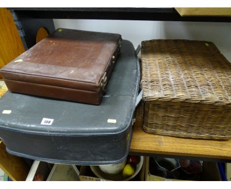 Wicker picnic hamper, vintage suitcase etc