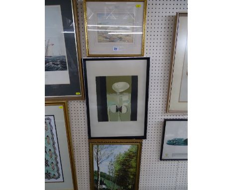 H KINDER oil on board - tree lined lane with figure on a bridge, signed 49.5 x 28 cms, GATTO limited edition (41/45) abstract