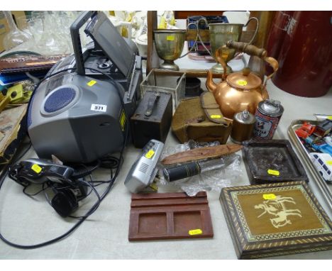 Aiwa portable radio cassette player and sundry items including box camera, copper kettle, early pottery ashtray/dish etc