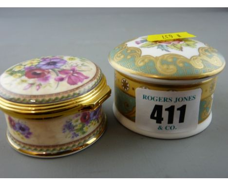 Circular Royal Worcester china patch box 'Queen's 90th Birthday' and a china and metallic 'Country Garden' patch box